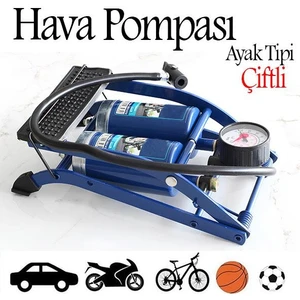 Ayak Tipi Hava Pompası Göstergeli Çift Hava Depolu Teker Araç Bisiklet Top Pompası