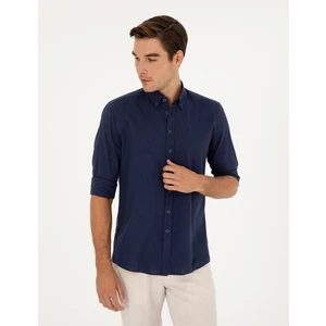 Pierre Cardin Erkek Koyu Lacivert Keten Karışımlı Regular Fit Uzun Kollu Gömlek 50284168-VR100