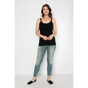 2 Adet 100 % Pamuk Penye Ribana Dantelli Siyah Kadın Ip Askı ATLET-227