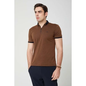 Triko Yaka Fermuarlı Polo Erkek Kahverengi Tshirt