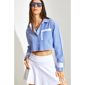 Kadın Garni Cep Detaylı Çizgili Crop Gömlek