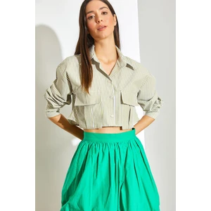 Kadın Çift Körüklü Çizgili Crop Gömlek