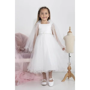 Minimony 5-9 Yaş Pelerin Kol Detaylı Kız Çocuk Tam Boy Elbise Bayramlık Mezuniyet Balo Abiye Gelinlik 5004