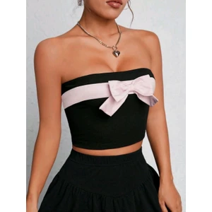 Kalın Kurdeleli Siyah Straplez Lolita Crop Top