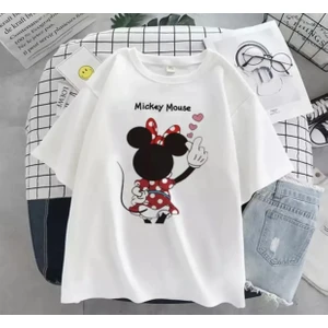 Amor Man Büyük Beden Özel Tasarım Üç Kalp Mickey Baskılı %100 Pamuk Oversize Battal Kadın T-Shırt