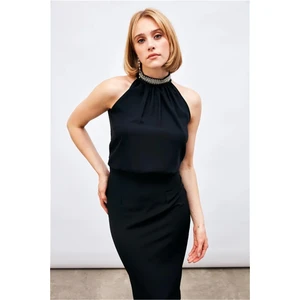 1178-1091 Siyah Kadın Yakası Aksesuarlı Kolsuz Bluz