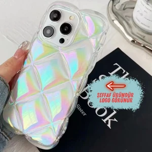 Vip Case iPhone 15 Pro Max Uyumlu Kabartma Desenli 3D Darbe Emici Ultra Sağlam Pufy Kılıf Şeffaf
