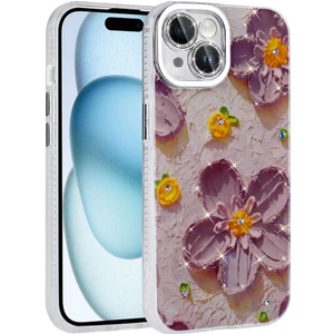 iPhone 14 Uyumlu Prl Kılıf Çiçek Desenli Parlak Taşlı Sert Silikon Zore Garden Kapak-Mor