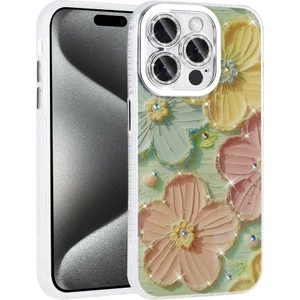 iPhone 14 Pro Max Uyumlu Prl Kılıf Çiçek Desenli Parlak Taşlı Sert Silikon Zore Garden Kapak-Colorfu
