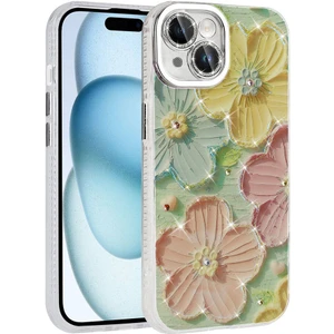 iPhone 15 Uyumlu Prl Kılıf Çiçek Desenli Parlak Taşlı Sert Silikon Zore Garden Kapak-Colorful