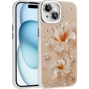 iPhone 15 Uyumlu Prl Kılıf Çiçek Desenli Parlak Taşlı Sert Silikon Zore Garden Kapak-Pembe Açık