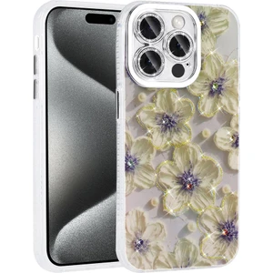 iPhone 14 Pro Max Uyumlu Prl Kılıf Çiçek Desenli Parlak Taşlı Sert Silikon Zore Garden Kapak-Mavi