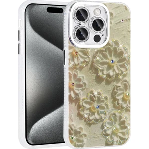 iPhone 14 Pro Max Uyumlu Prl Kılıf Çiçek Desenli Parlak Taşlı Sert Silikon Zore Garden Kapak-Beyaz