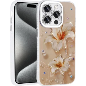 iPhone 14 Pro Max Uyumlu Prl Kılıf Çiçek Desenli Parlak Taşlı Sert Silikon Zore Garden Kapak-Pembe A