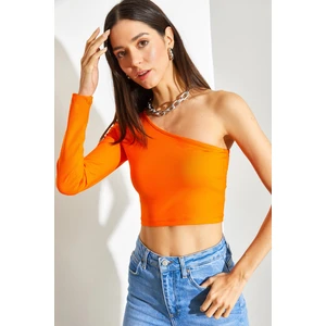Kadın Uzun Tek Omuz Crop Bluz