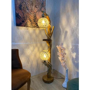 Menal Art Ağaç Lambader 140-145 cm Yeni Yalıkavak Serisi Doğal Ağaç Ahşap Lambader Keten Top