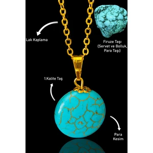 Tesbih Atölyesi Sertifikalı 24K Altın Kaplama Para Model Firuze Taşı Kolye (Turkuaz Taşı)