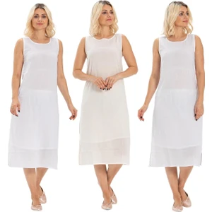 Eliş Şile Bezi Pamuk Şile Bezi Kombinezon Kadın Kalın Atlet Askılı Uzun Elbise Astarı 3'lü Set Beyaz-Krem-Beyaz Byz/krm/by