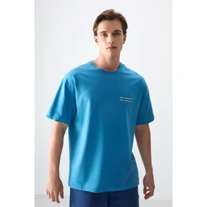 Air Jones Petrol Mavi Pamuklu Kalın Yumuşak Dokulu Oversize Fit Baskılı Erkek T-Shirt - 88375