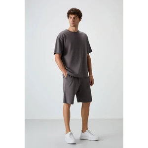 Air Jones Koyu Gri Pamuklu Kalın Yumuşak Dokulu Oversize Fit Basic Erkek Şort Takım - 85249