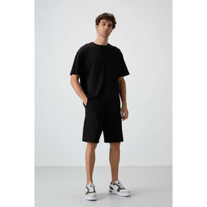 Air Jones Siyah Pamuklu Kalın Yumuşak Dokulu Oversize Fit Basic Erkek Şort Takım - 85249