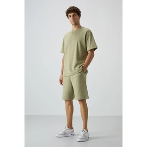 Açık Çağla Pamuklu Kalın Yumuşak Dokulu Oversize Fit Basic Erkek Şort Takım - 85249