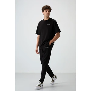 Air Jones Siyah Pamuklu Kalın Yumuşak Dokulu Oversize Fit Nakışlı Erkek Eşofman Takım - 85252