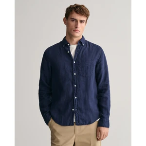 Erkek Lacivert Regular Fit Düğmeli Yaka Keten Gömlek 3240120.410