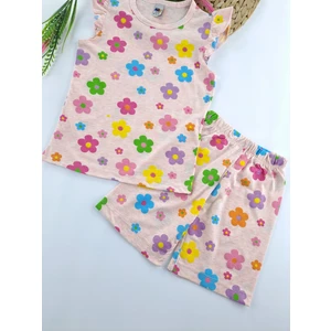 Kız Çocuk Yazlık Şortlu Pijama Takımı Pudra Pembe Çiçek Baskılı