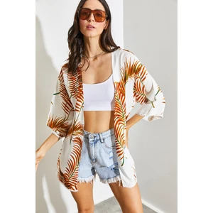 Kadın Kolları Dantel Detaylı Desenli Viskon Kimono