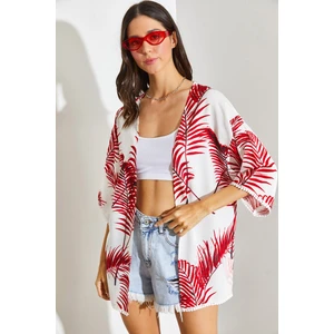 Kadın Kolları Dantel Detaylı Desenli Viskon Kimono