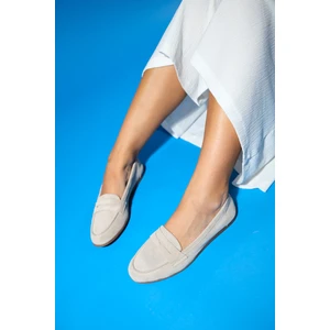 F02 Bej Süet Hakiki Deri Kadın Loafer Ayakkabı