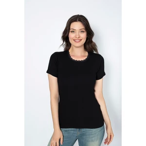 Siyah-Black  4 Adet 100 % Pamuk/coton Penye Ribana Yuvarlak Yaka Dantelli Kısa Kollu Fanila- 525