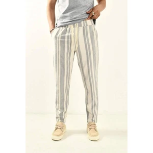 Gri Erkek Çizgili Keten Pantolon