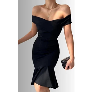 Zishan Fashion Kadın Siyah Renk Şık Carmen Yaka Eteği Volanlı Fırfır Detay Midi Boy Abiye Elbise Add 004