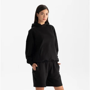 Kadın Siyah %100 Organik Pamuk Kanguru Cepli Kapüşonlu Oversize Sweatshirt