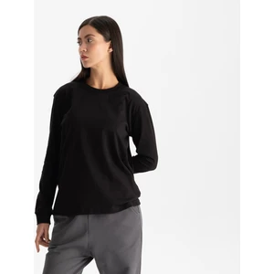 Kadın Siyah Uzun Kollu Relax Fit Bisiklet Yaka %100 Organik Pamuk T-Shirt