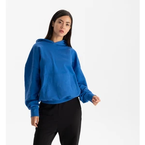 Kadın Mavi %100 Organik Pamuk Kanguru Cepli Kapüşonlu Oversize Sweatshirt