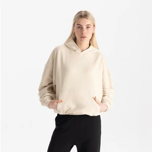 Kadın Bej %100 Organik Pamuk Kanguru Cepli Kapüşonlu Oversize Sweatshirt