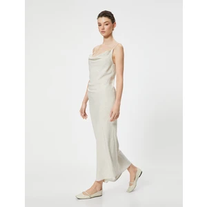 Uzun Elbise Keten Karışımlı Degaje Yaka Askılı Drapeli