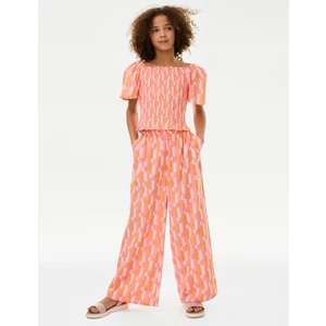 Marks & Spencer Saf Pamuklu Desenli Wide Leg Pantolon