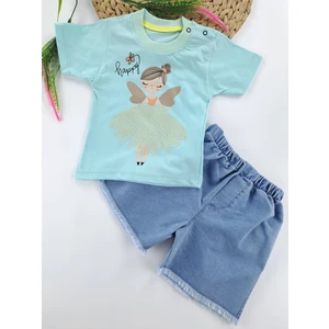 Bonboner Kids Kız Çocuk/bebek Kot Şort Tişort Ikili Takım Peri Kız Baskılı Turkuaz ve Nar Çiçeği Renk Seçenekleri