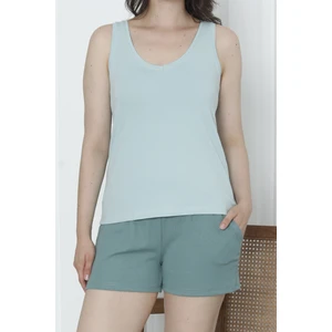 Kadın Şortlu Pijama Takımı Geniş Askılı Likrali Cepli Kaşkorse Şort Yeşil