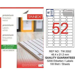 Lazer Etiket TW-2052 100 A4 Sayfa Laser Etiket 46 x 21 mm Boyutunda 1 A4 Sayfada 52 Etiket