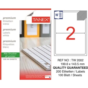 Lazer Etiket TW-2002 100 A4 Sayfa Laser Etiket 199,6 x 143,5 mm mm Boyutunda 1 A4 Sayfada 2 Etiket