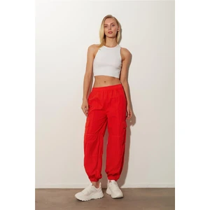 Kırmızı Yüksek Bel Kargo Pantolon