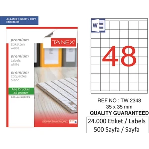 Lazer Etiket TW-2348 500 A4 Sayfa Laser Etiket 35 x 35 mm Boyutunda 1 A4 Sayfada 48 Etiket