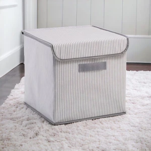 Rope Home Gri Çizgili Kapaklı Dolap Içi Çamaşır Oyuncak Düzenleyici Katlanır Saklama Kutusu 30X30X30