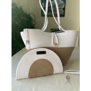 Double Knot Design Bailey 2li Takım Plaj Çantası , El Çantası Clutch, Totebag, Kadın Çanta, Yazlık, Hediyelik, hasır Jüt Tress