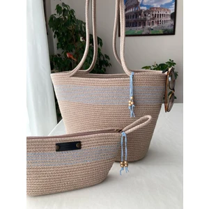 Double Knot Design Bailey 2li Takım Plaj Çantası , El Çantası Clutch, Totebag, Kadın Çanta, Yazlık, Hediyelik, hasır Jüt Tress